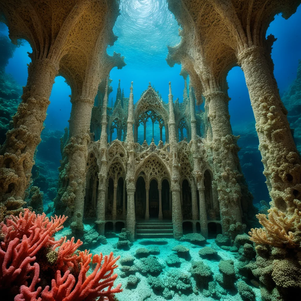 Underwater Gaudi cathedral covered in corals in the eye of a hurricane