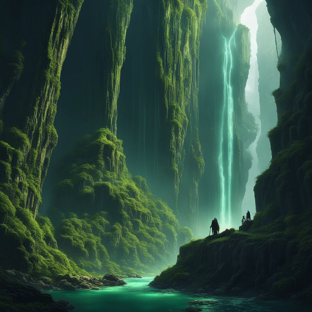 Very tall waterfall colossal necromancers fortresses carved into the side of subterranean cliffs ghostly green glow heig