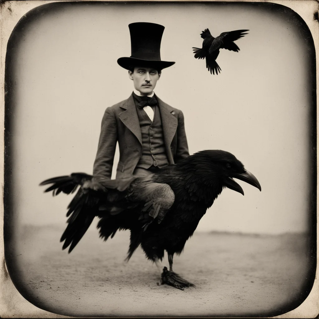 Victorian Man in Tophat riding a Raven with death symbols Tintype 1900s