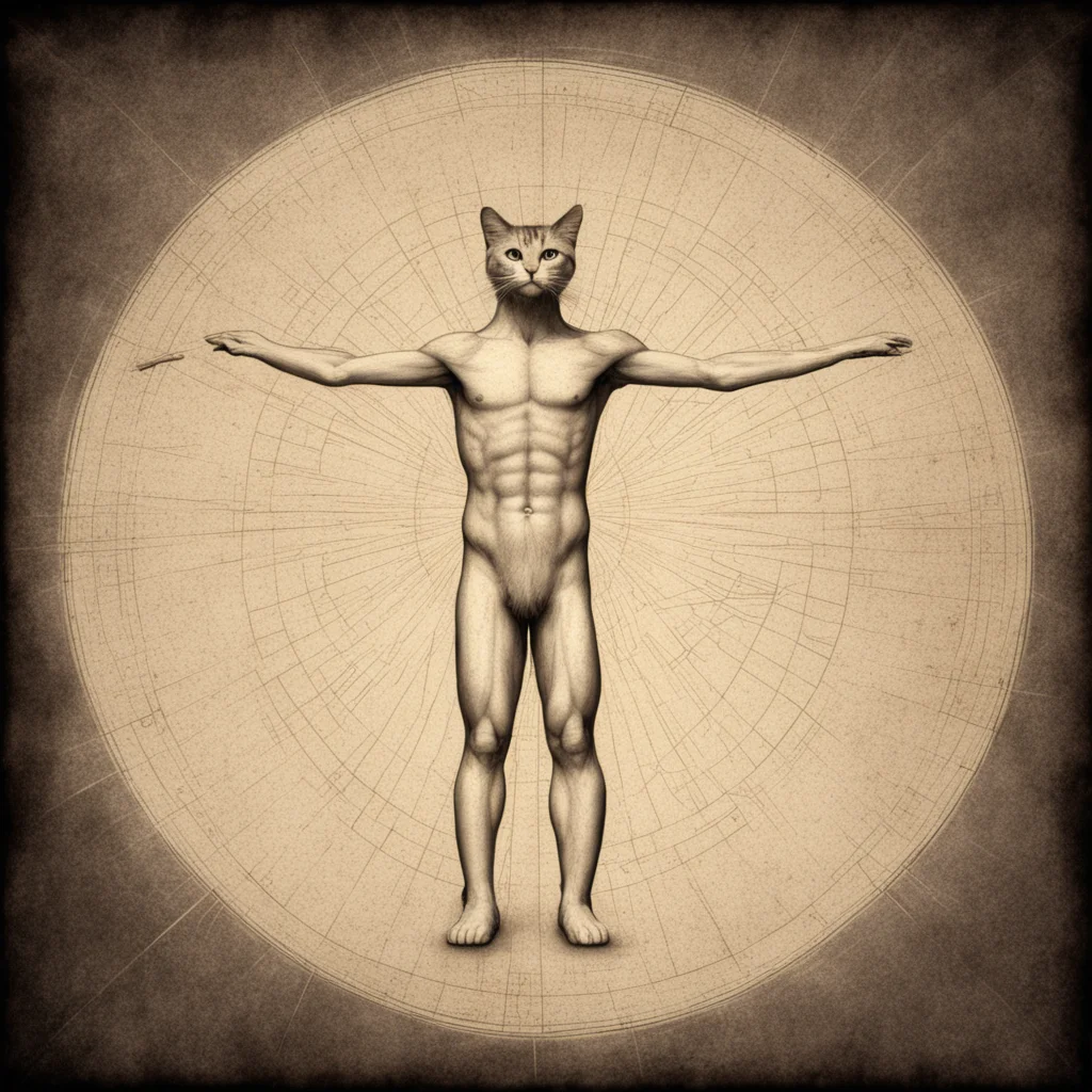 Vitruvian Man but as a cat Leonard de vincis Vitruvian Man drawing octane rendered particle lightening scatter