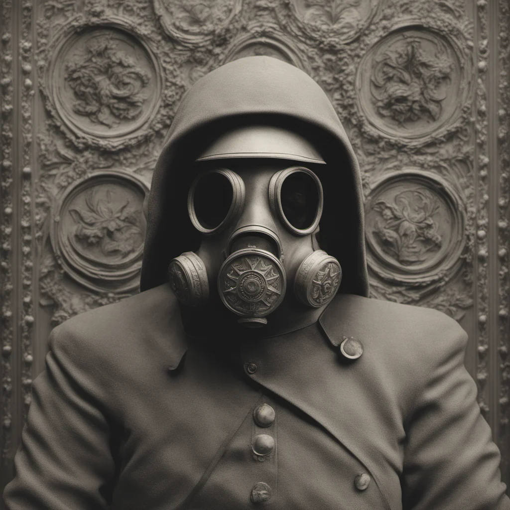 WW1 Gas Mask Soldier Baroque carved details with military medals barnacles dustsymmetrical no crop by Ansel Adams Tintype 1800s cinematic lighting ambient oc