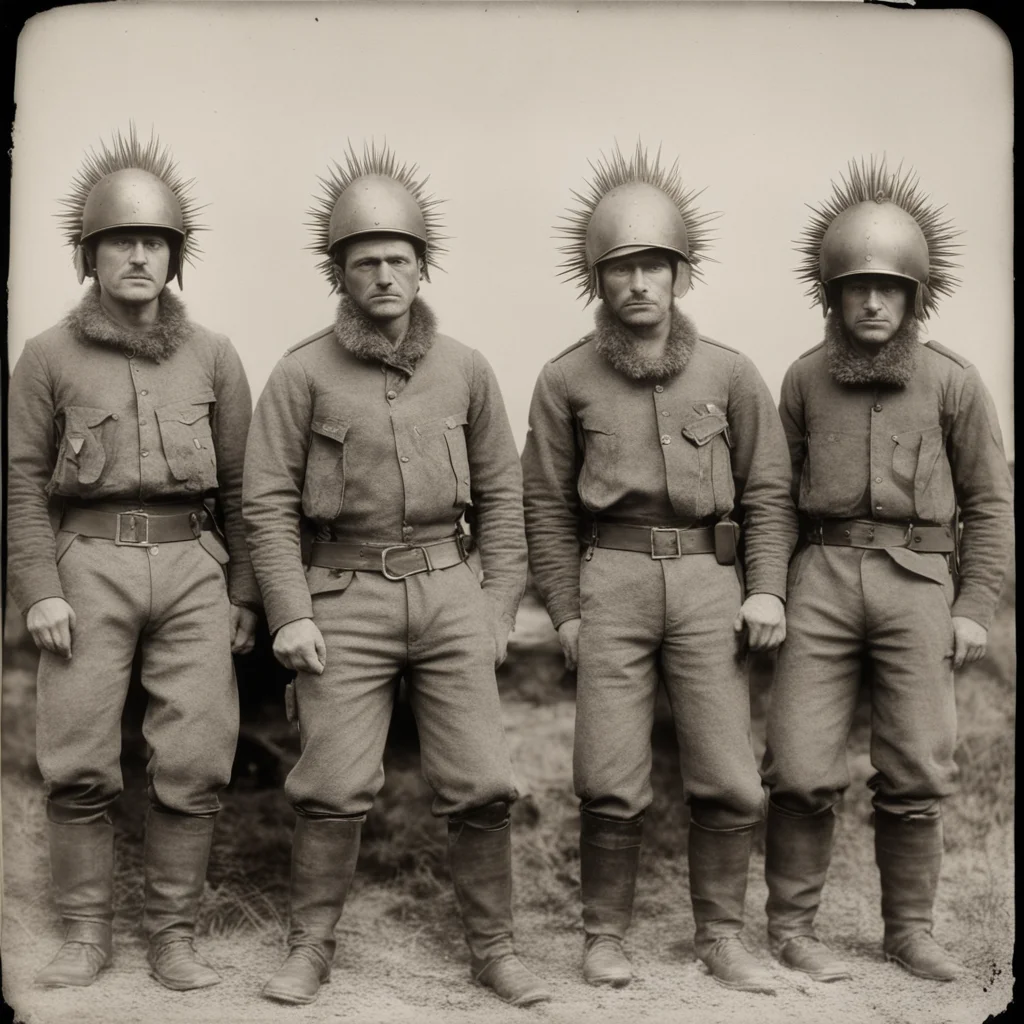 WW1 Military Personnel with Spiky Viking Helmets low angle full body no crop very detailed by Ansel Adams Tintype 1800s 