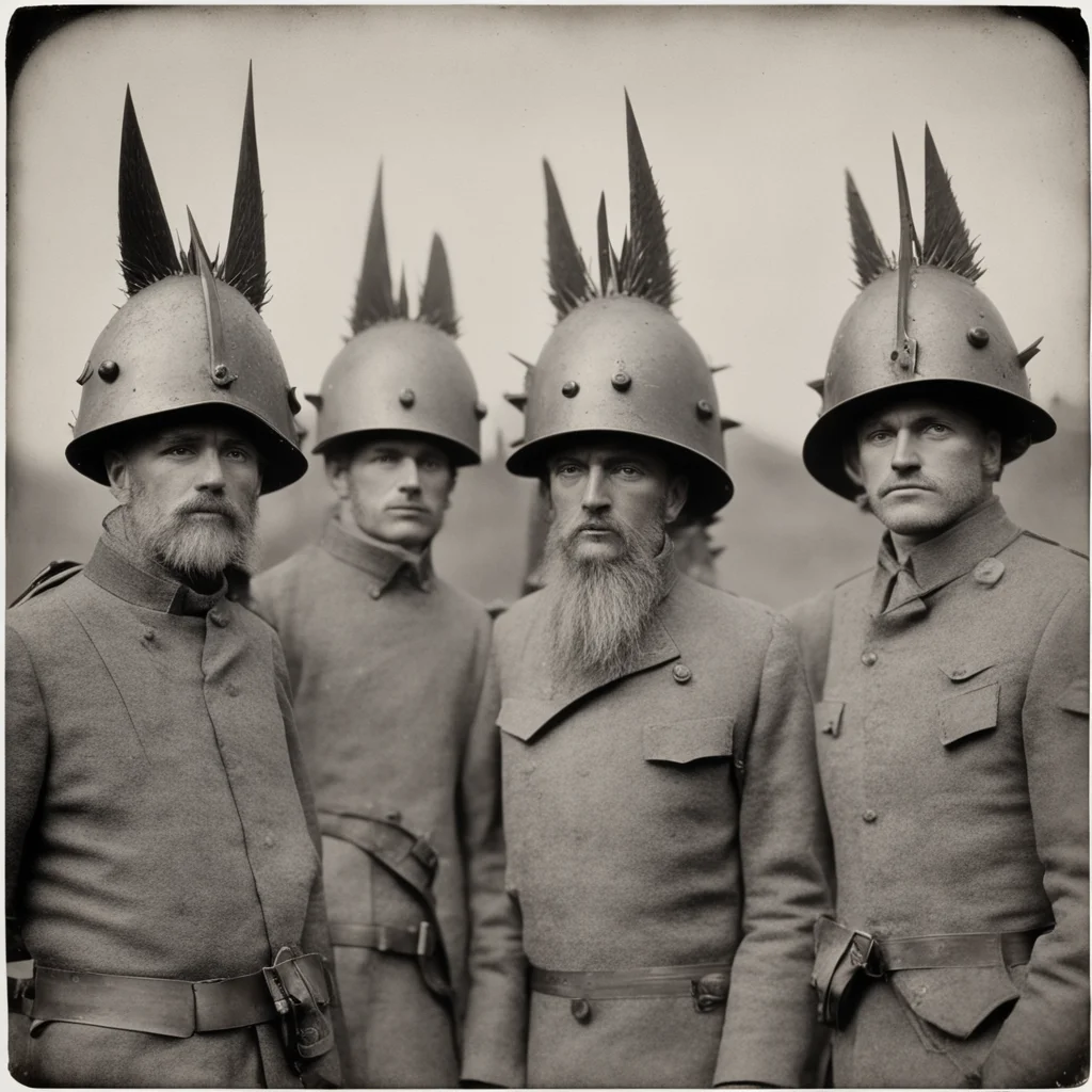 WW1 Military Personnel with Spiky Viking Helmets low angle no crop very detailed by Ansel Adams Tintype 1800s ar 34