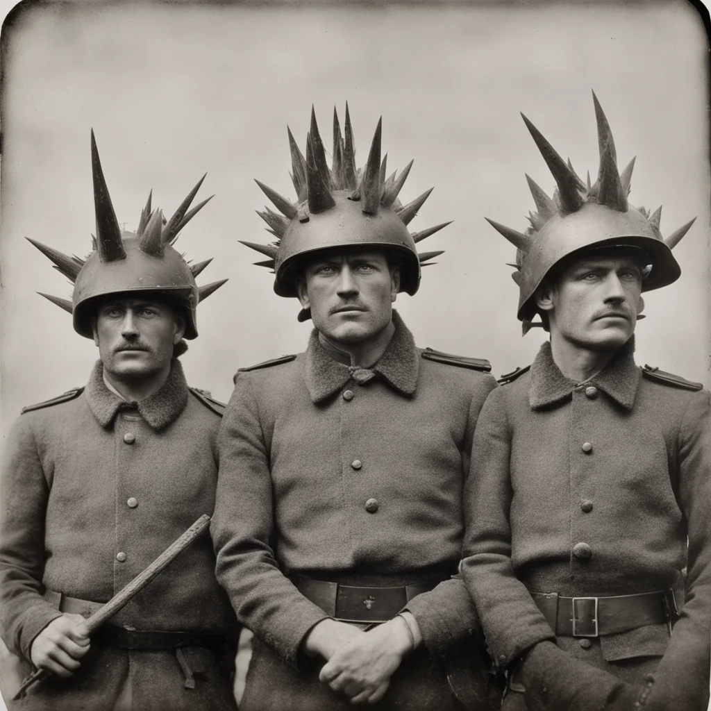 WW1 Military Personnel with Spiky Viking Helmets low angle nop crop very detailed by Ansel Adams Tintype 1800s ar 169