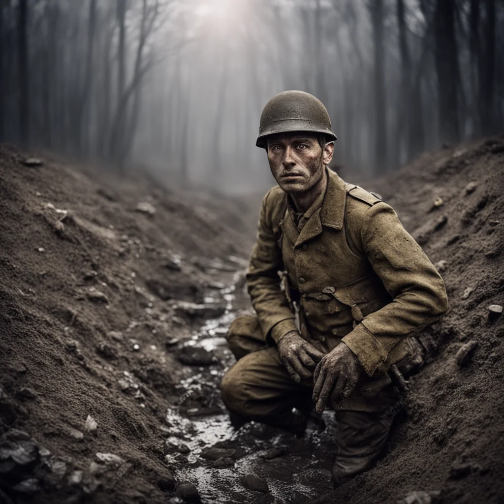WW1 french soldier in a muddy trench war horror dramatic lighting