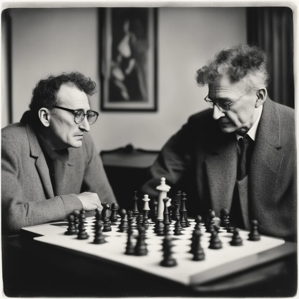 Walter Benjamin and Bertholdt Brecht playing chess found vintage polaroid photography monochrome ar 64