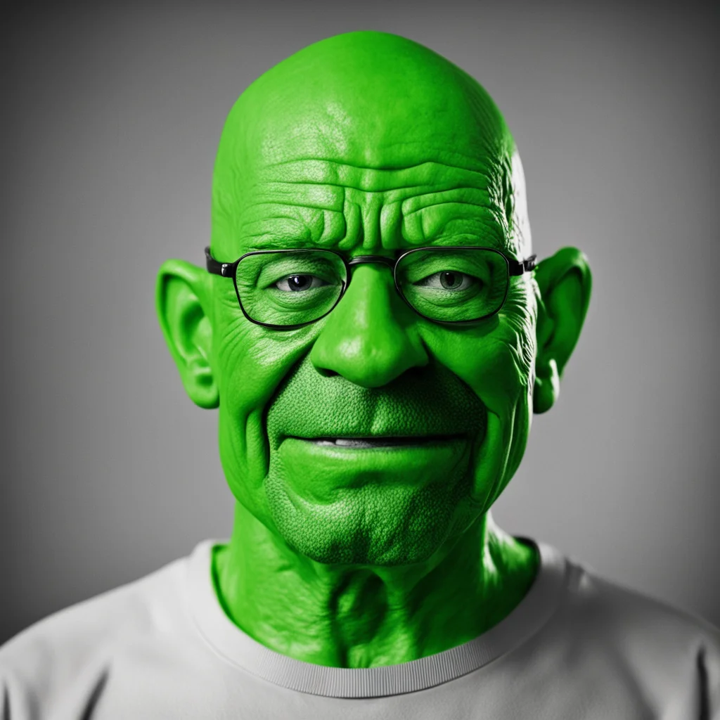 Walter White from the television show Breaking Bad with green skin smirking menacingly inspired and in the style of Pepe