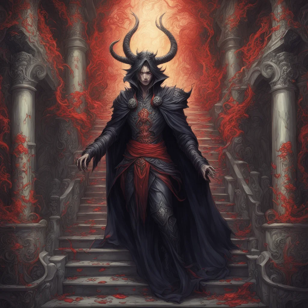 Warlock Descending a staircase yeenoghu by artgerm  bold muted colorful ink surreal ornate illustrations by William Morr