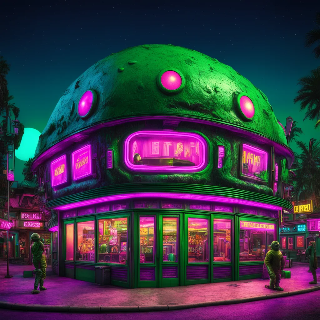 Weird funny alien night club exterior highly detailed environment Robert crumb Octane render