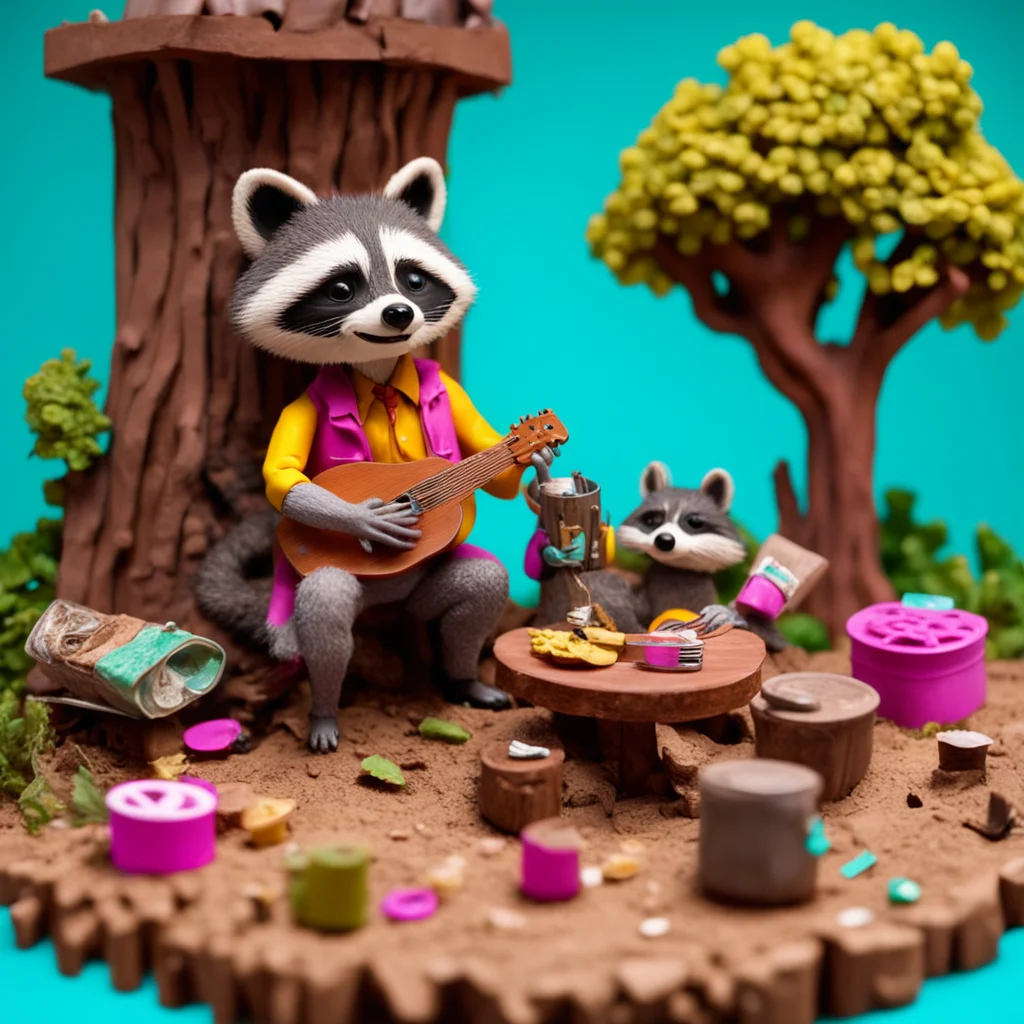 Western swing serenading raccoon over moonlit picnic to pile of trash claymation diorama Wes Anderson