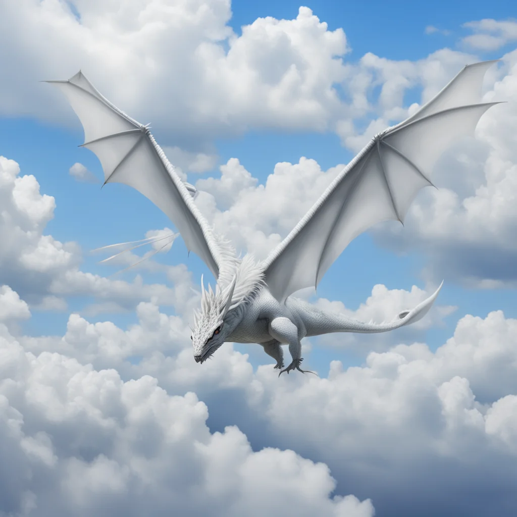 Western white dragon flying among the clouds with ribbons next to it