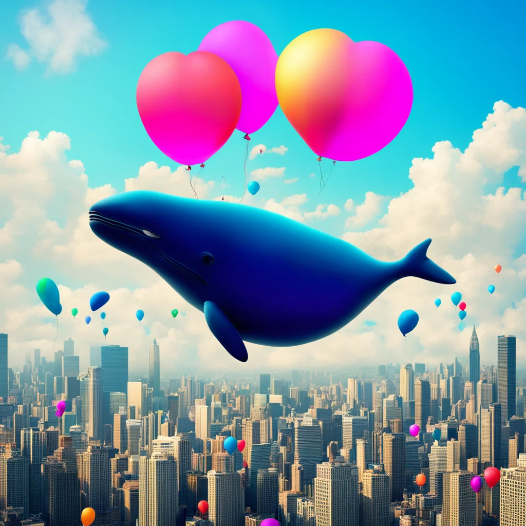 Whale in the sky city full of balloons