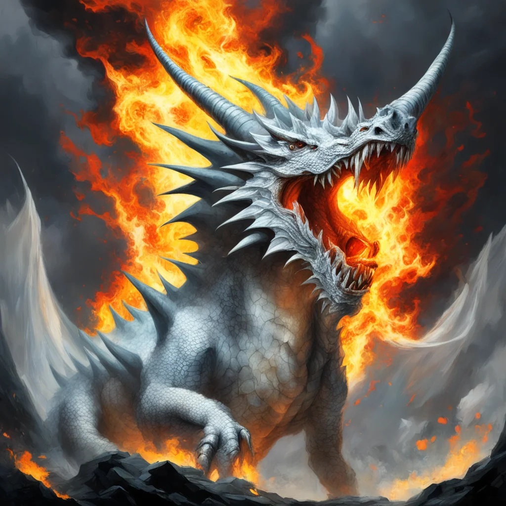 White dragon breathing fire by Aleksi Briclot