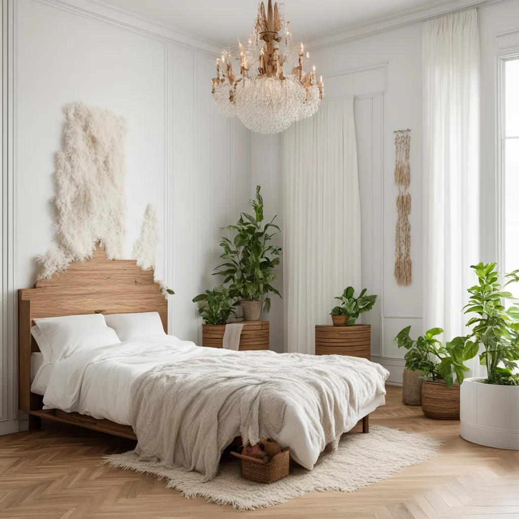 White walls herringbone patchwork wooden floor in original wood potted plants white floating window with a bed with crea
