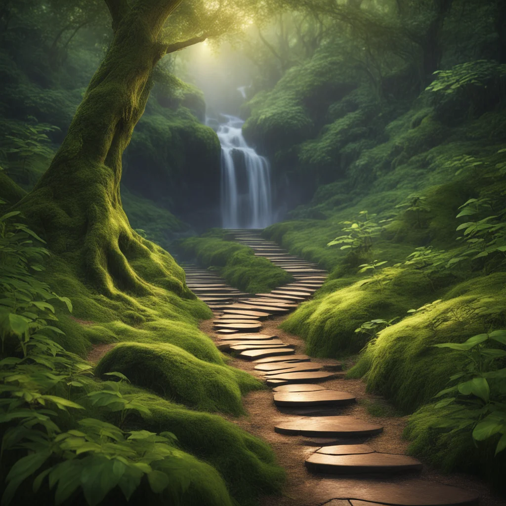 Winding woodland path in an elven forest waterfall kingdom at twilight golden hour candlelight and later hyper realistic