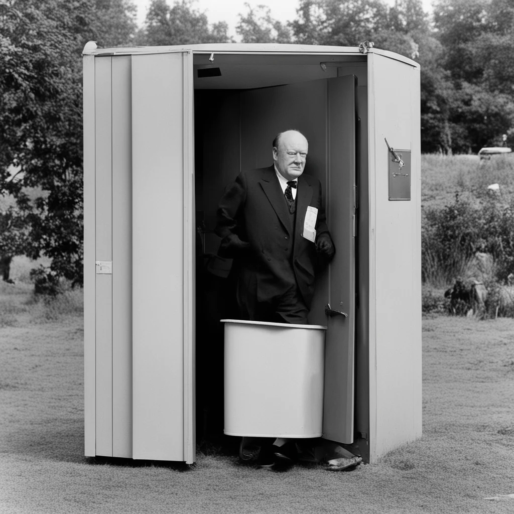 Winston Churchill coming out of a porta potty