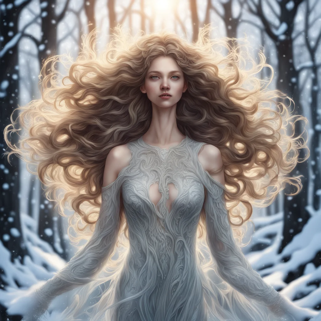 Winter Goddess Gaia as a beautiful young woman long flowing wind blown hair anatomically correct concept art intricate d