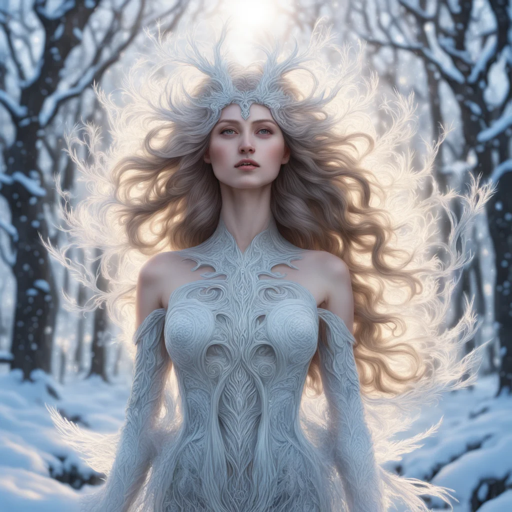 Winter frost Goddess Gaia as a beautiful young woman face and torso long flowing wind blown hair anatomically correct ch