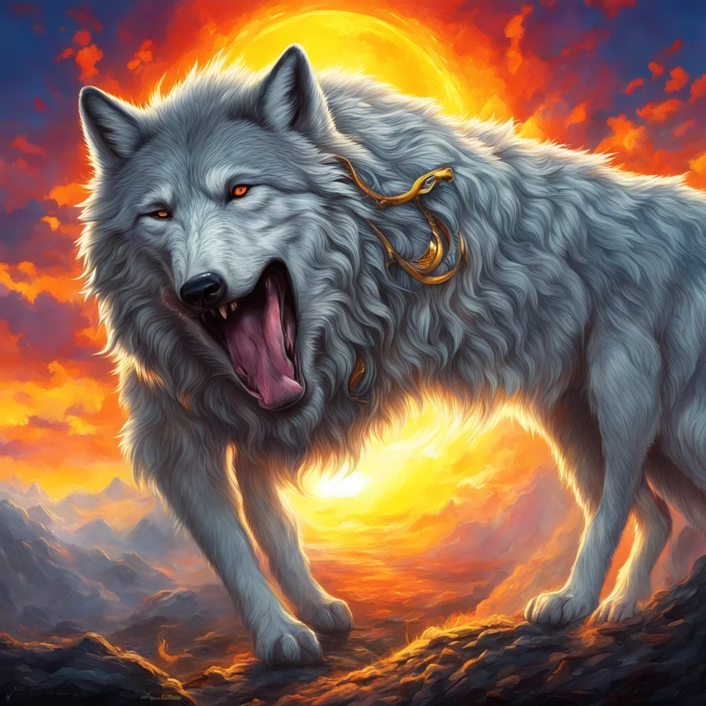 Wolf eating the sun norse mythology spectacular epic bright colors clean ultra detailed w 3340 h 1440