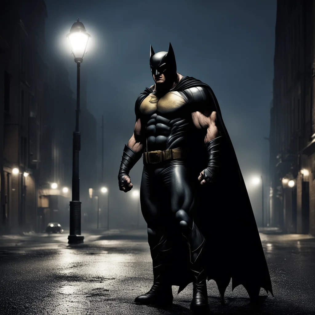 Wolverine Batman full body with black cape and claws standing under street lamp at night dark and moody high definition