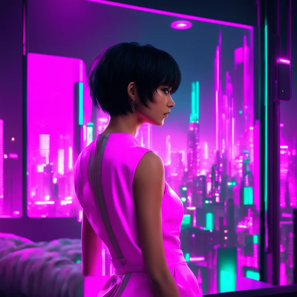Woman with short black hair in pink dress  Looking at bedroom window at neon nighttime cyberpunk futuristic cityscape 4k
