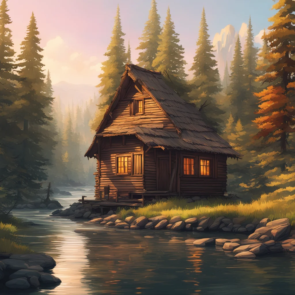 Wood cabin near a river concept art environment art western warm colors aspect 169