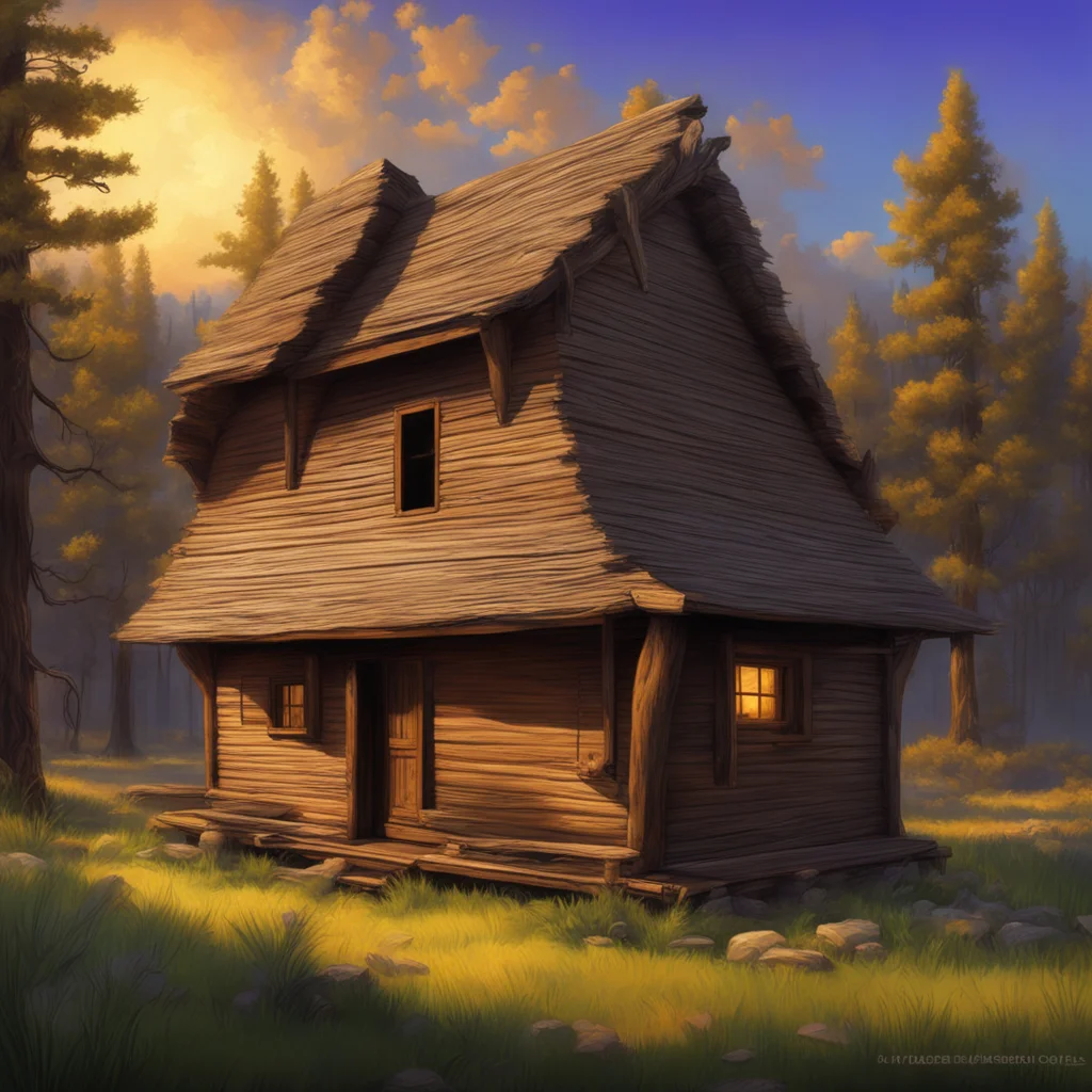 Wood cabin western cowboy ranch USA painting in the style of Albert Bierstadt uplight