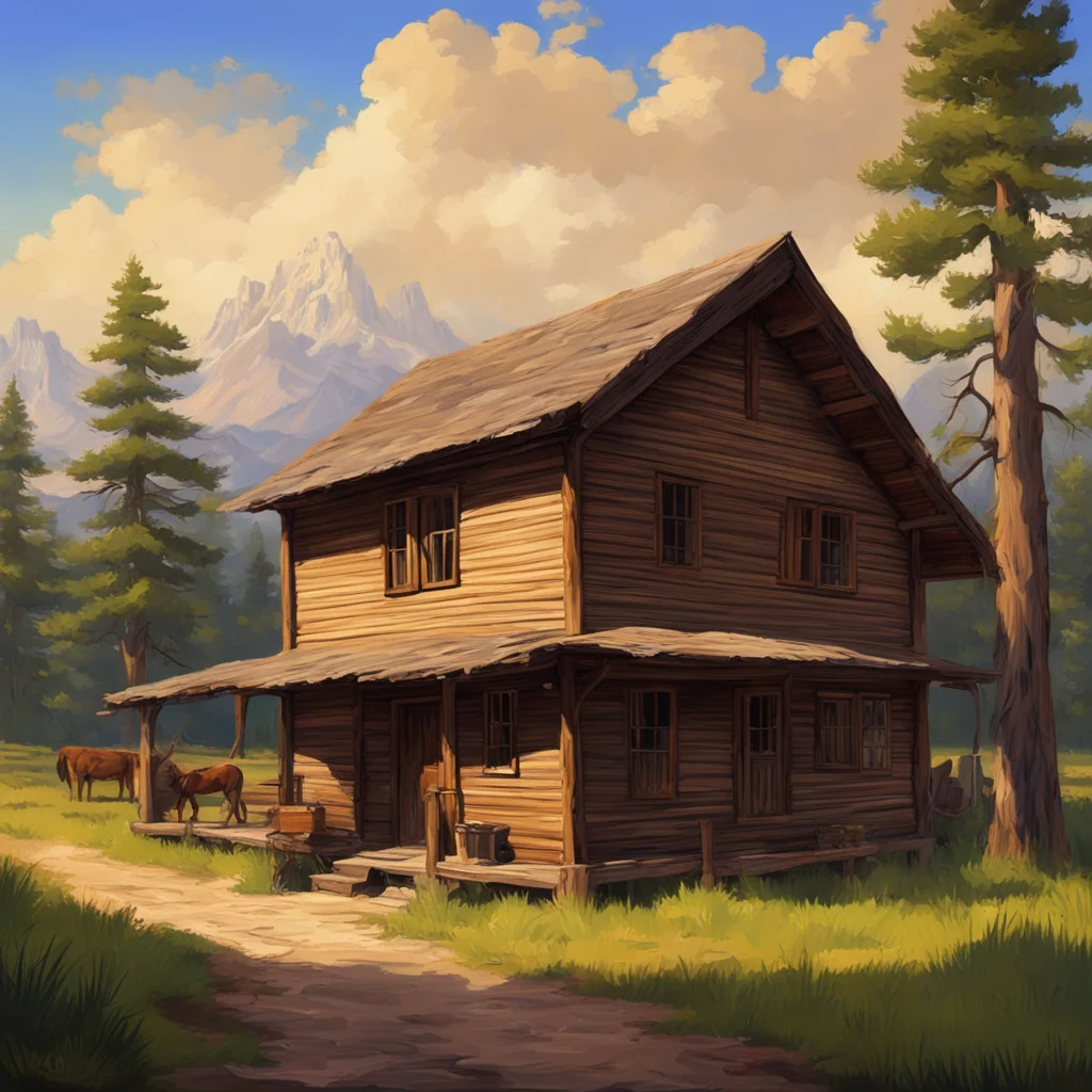 Wood cabin western cowboy ranch USA painting in the style of Albert Bierstadt