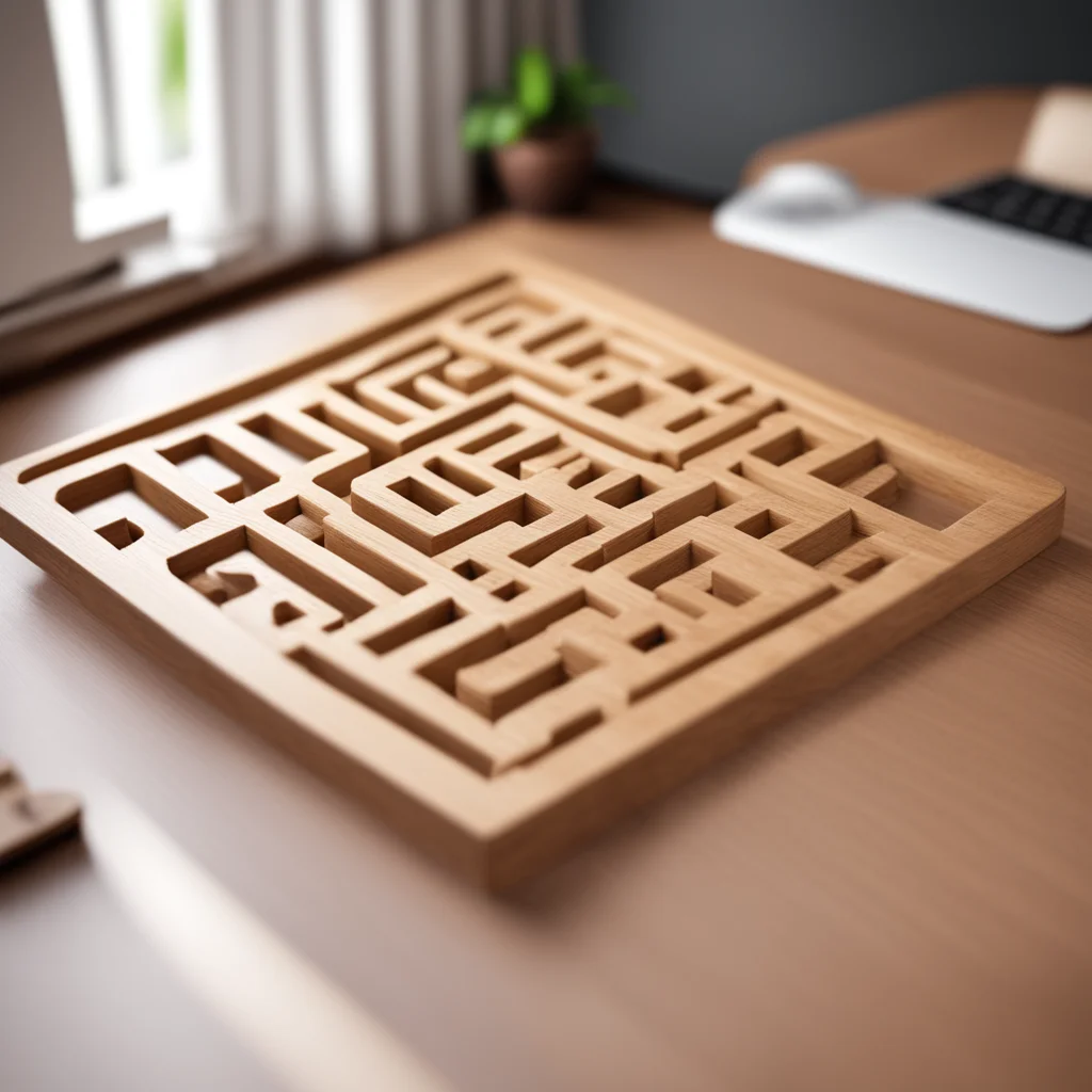 Wooden Maze Game on a desk living room realistic photography 4k render