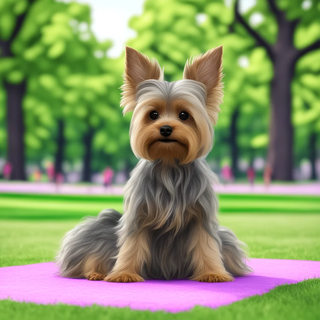 Yorkie sitting in the park doing yoga octane render