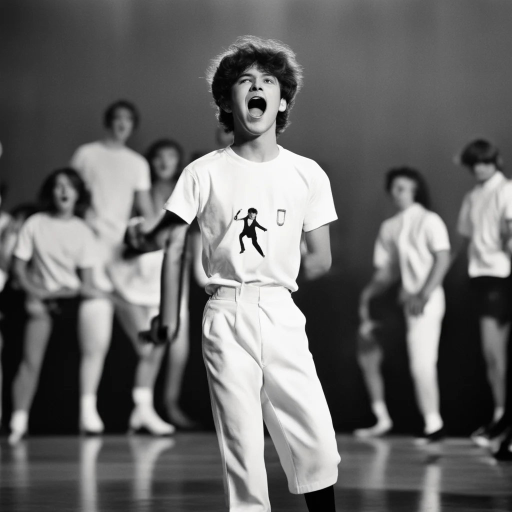 Young Daniel Melero in white school t shirt black trousers whith braces singing and dancing frantically in a 1980´s tele