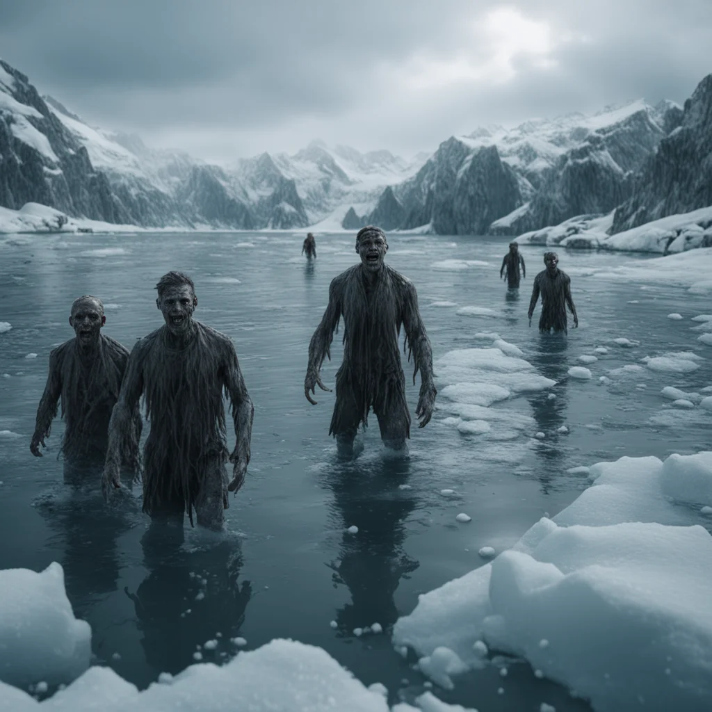Zombies frozen in the ice lake water 8k cinematic atmospheric chaotic ultrarealistic highly detailed cinematic Panavisio