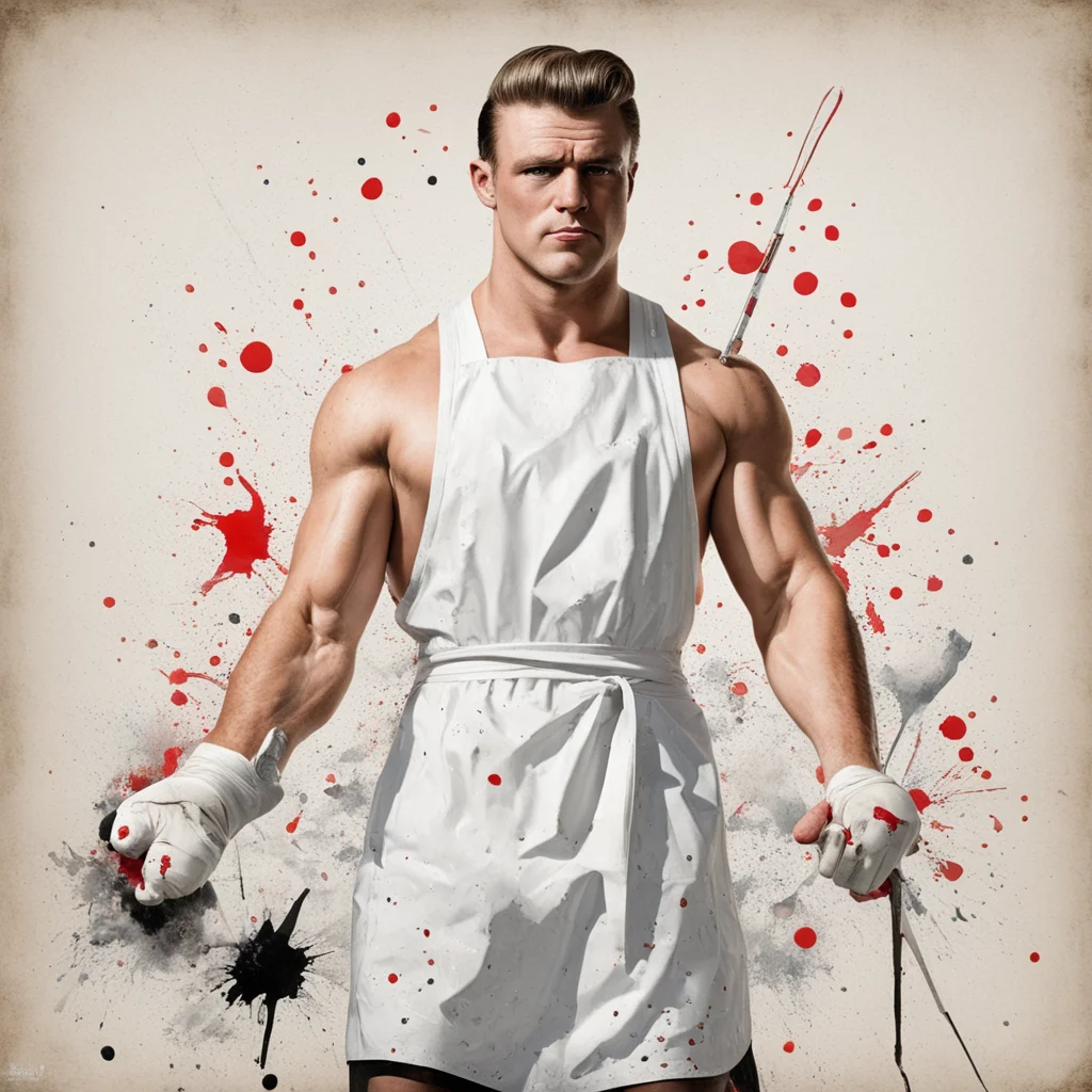 a 1930s fine art painter who is a pro wrestler holding a paintbrush wearing a white paint splattered apron in the style 