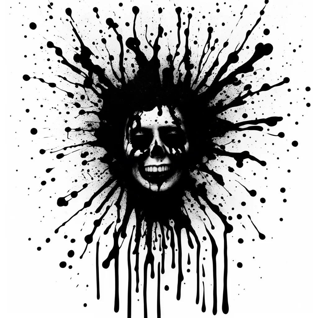a 35mm photograph of black ink splatter creating an image of a freak show on a white background