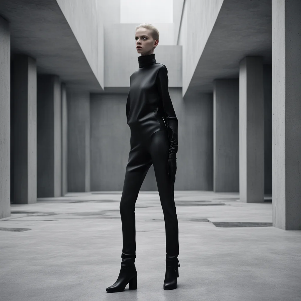 a 3D render of a pale fashion model wearing black Balenciaga plastic outfit standing in a brutalist concrete environment