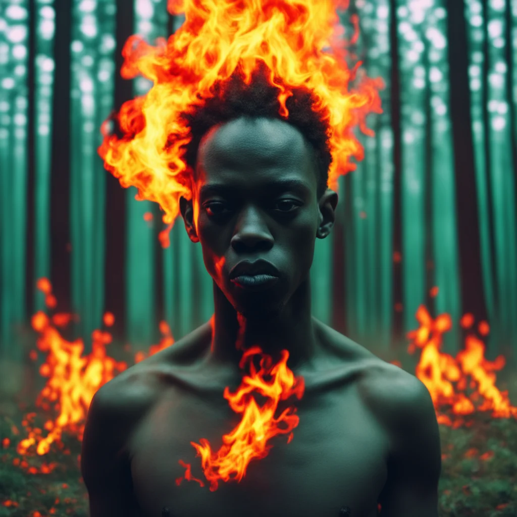 a 70 mm film still in the style of hype Williams of a painting portrait of yves tumor with a burning forest in the backg
