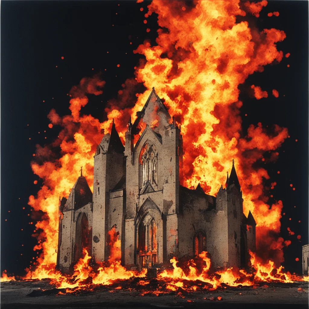 a 70mm film still of an ink splatter painting of a church on fire with a cross