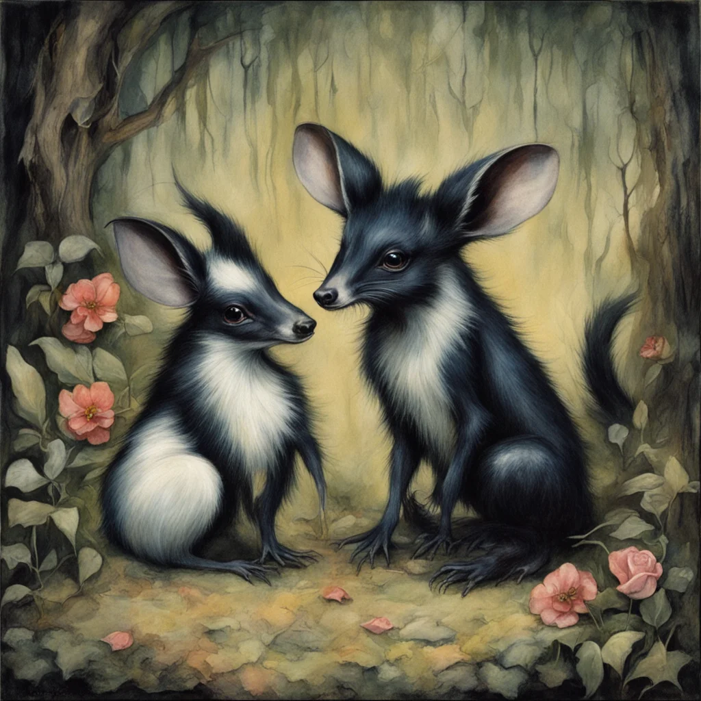 a Brian froud painting of Bambi and flower the skunk in hell