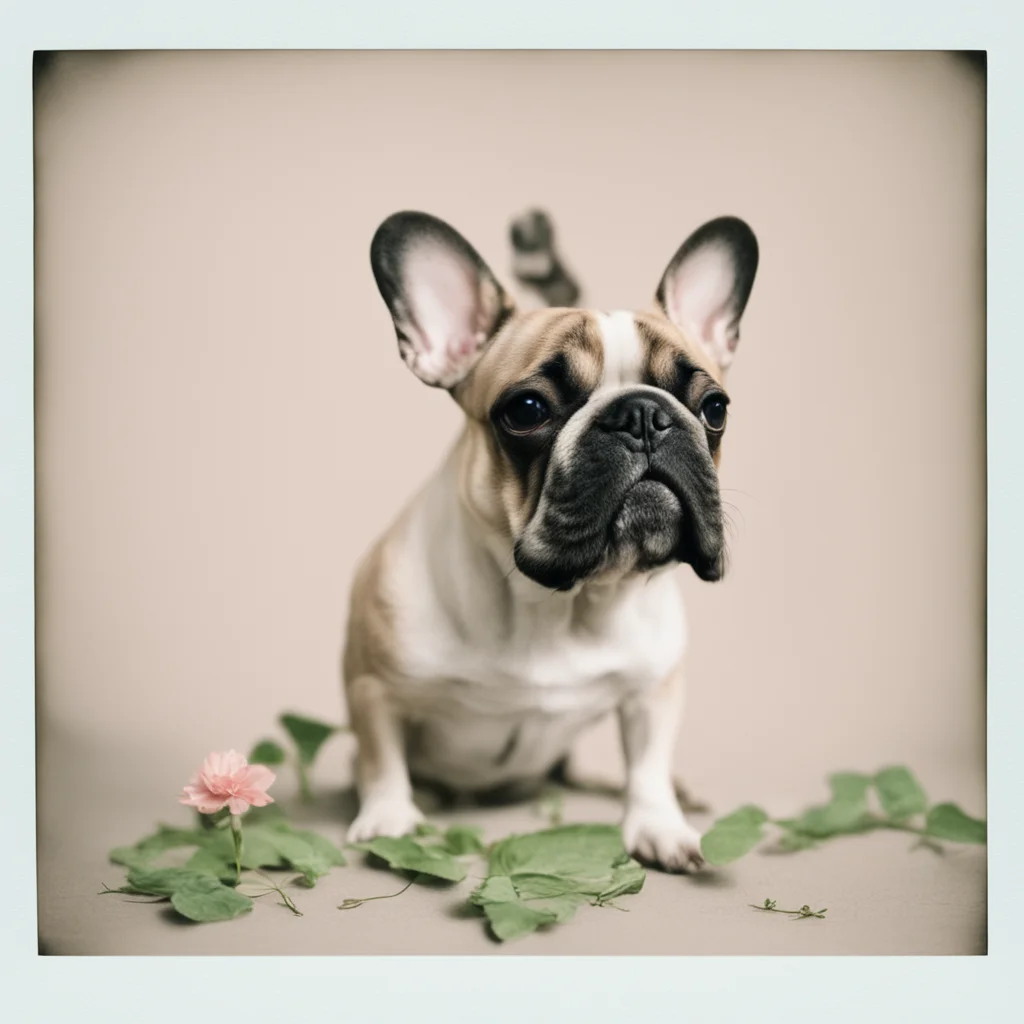 a French bulldog with flower growing from its back realistic photo taken on Polaroid
