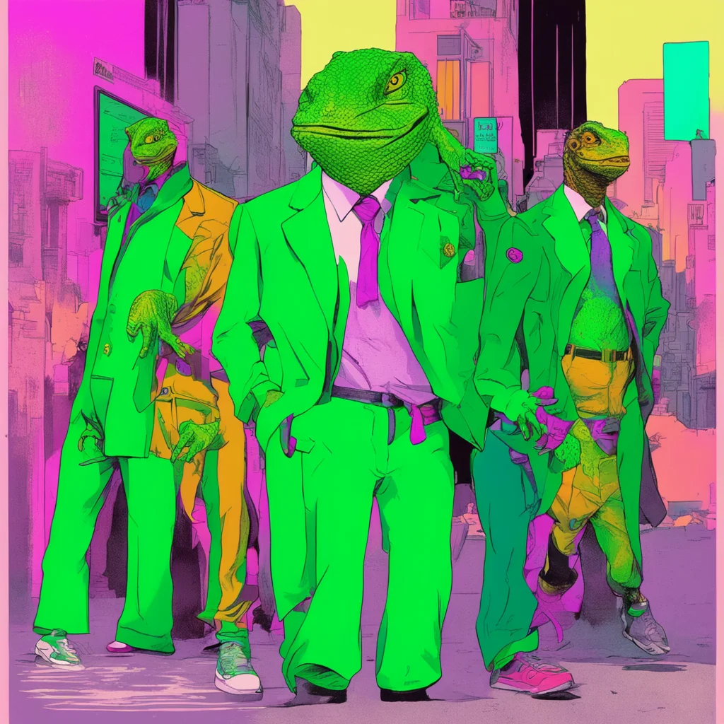 a KINGO LAGARTO poster  lizard time travelers using colorful street wear and green high tech suits  stickers  90s TV  ci