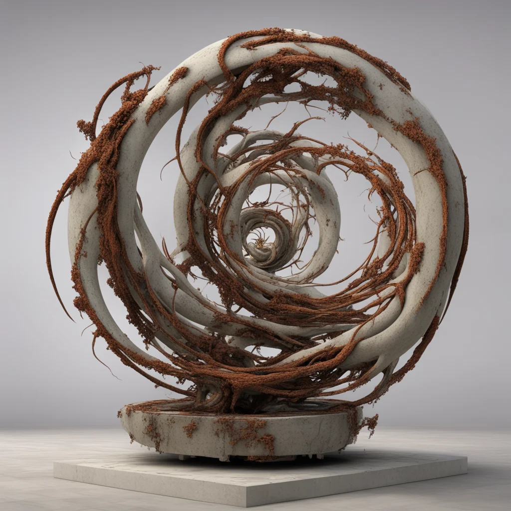 a Matteo Pugliese sculpture made up of a swirling vortex of concrete and rusted rebar ethereal off white colors inspired