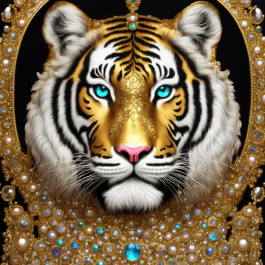 a Portrait of tiger gold statue decorated with gemstones andpearls and crystals symmetrical pattern hyper detailed fancy