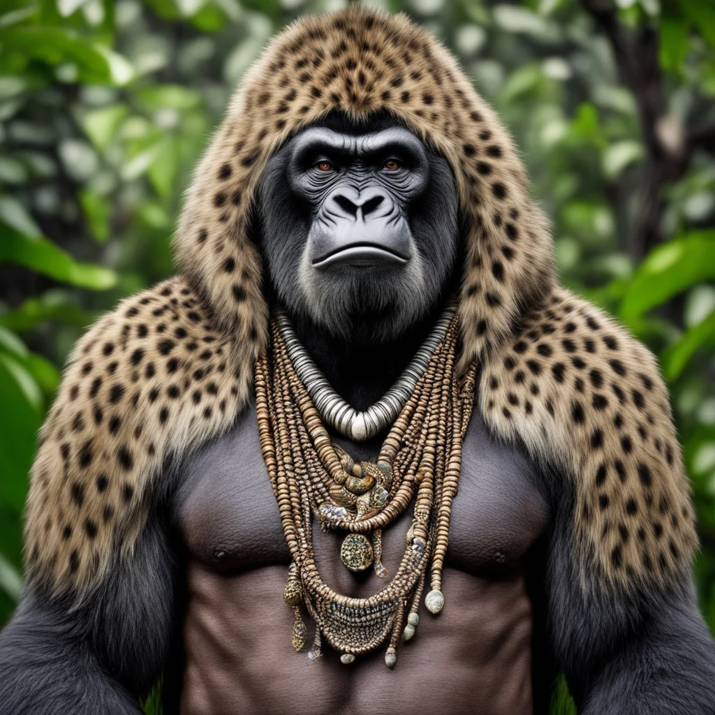 a Silverback gorilla shaman wearing a cheetah skin hood and cloak tribal jungle jewelry