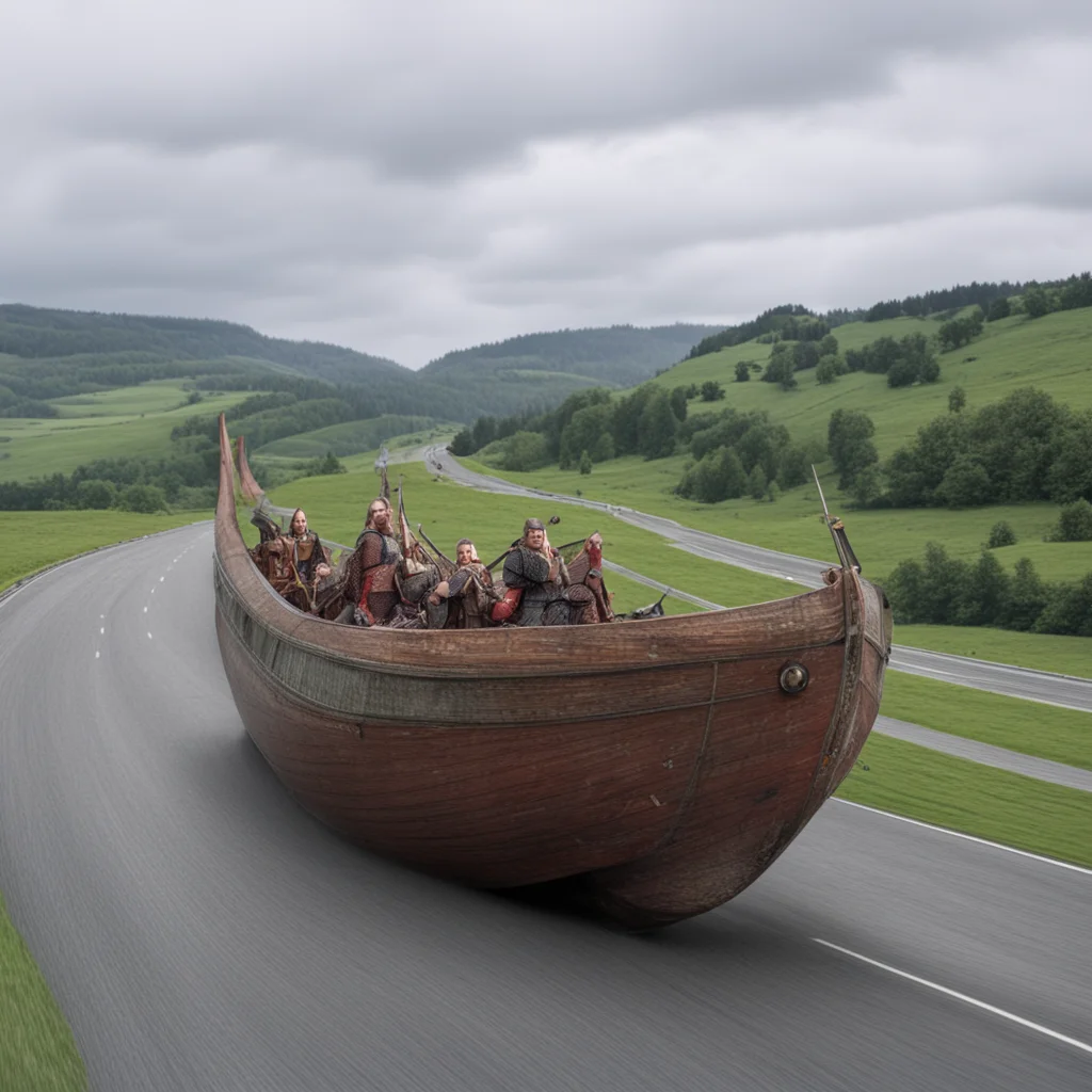 a Viking long ship on the motorway