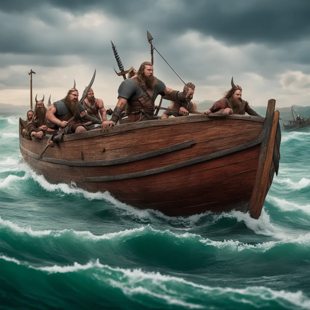 a Viking ship being rowed by angry vikings The ship has an engine and wheels in the style of a hotrod racer
