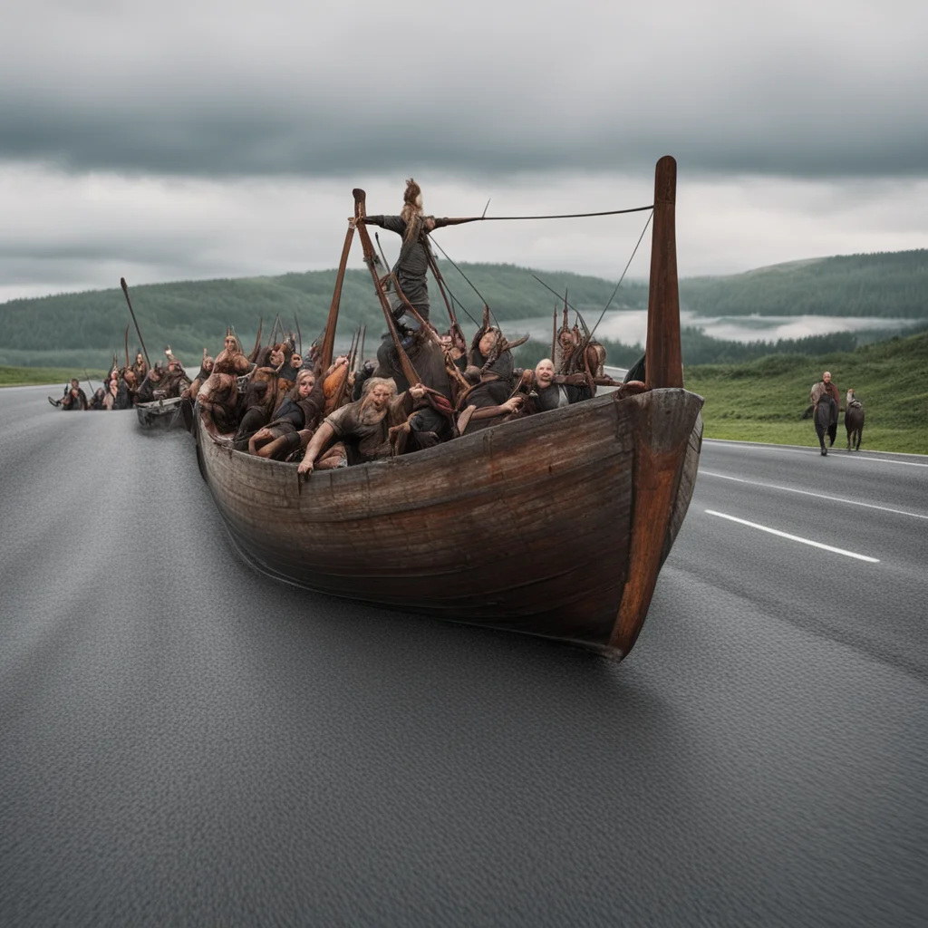 a Viking ship on land on the motorway stuck in traffic being rowed by angry vikings