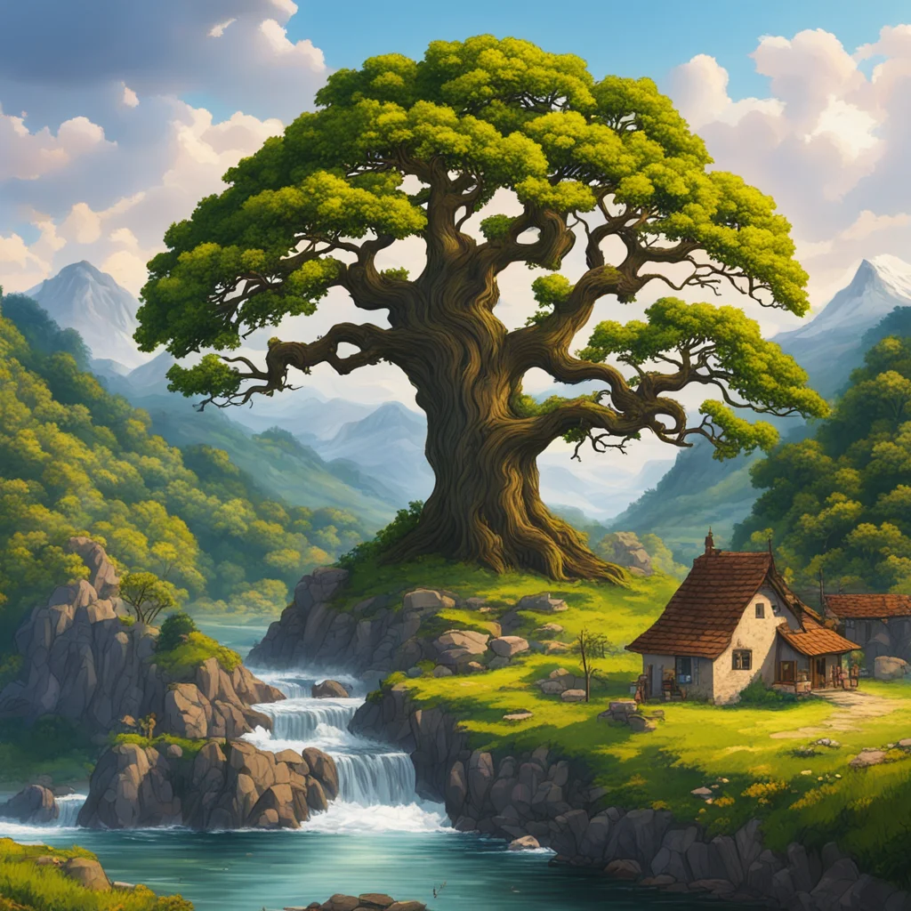 a Village oak tree epic landscape near a mountain and a river ar 168