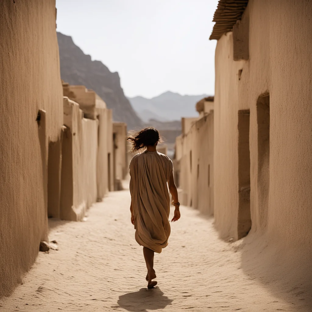 a afghani girl running down a narrow alley with bags in her hand and her clothes revealing the mountains behind shot wit