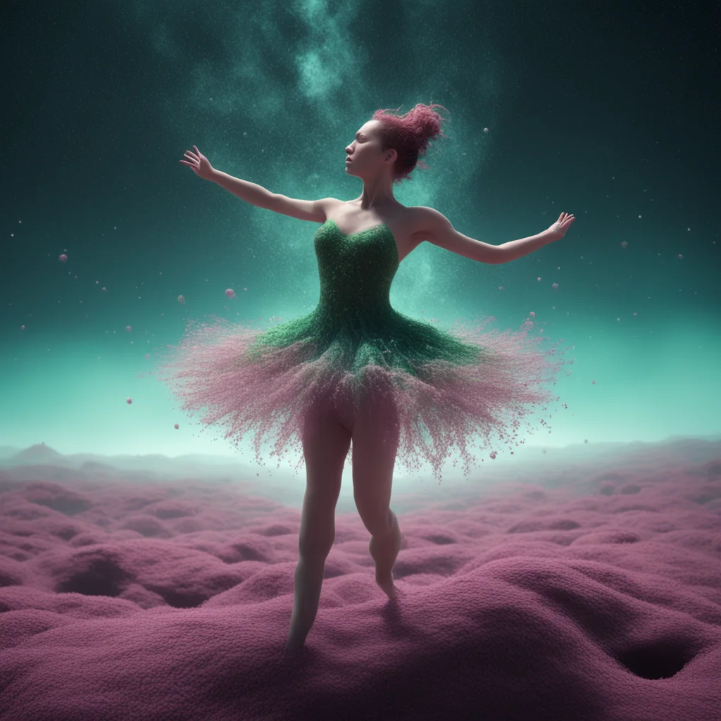 a ballet dancer formed by floating microbacteria entangle with weave woven dancing on a dwarf planet 4k octane render ho