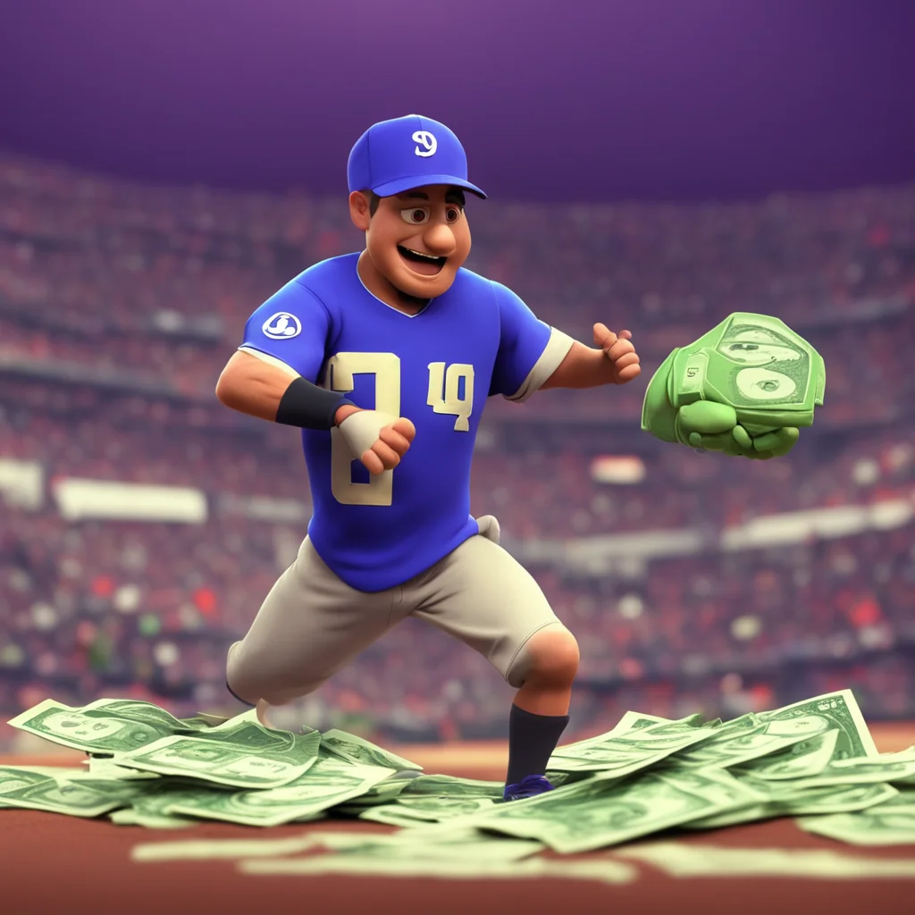 a baseball player hitting some money Pixar style